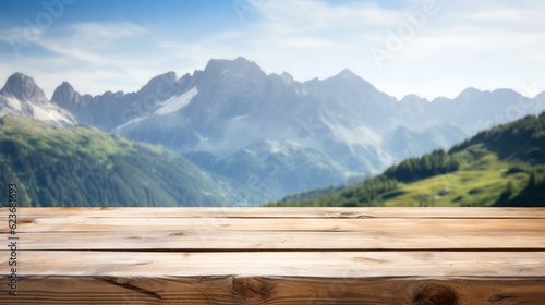 Wood table top on blur hill mountain a sunrise nature background  landscape with desk plank can be used for display your products. Generative Ai.