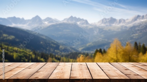 Wood table top on blur hill mountain a sunrise nature background, landscape with desk plank can be used for display your products. Generative Ai.