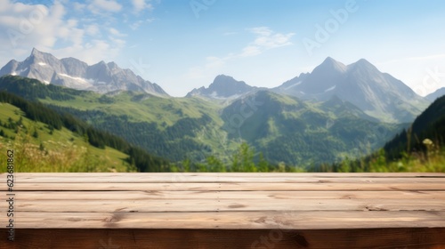 Wood table top on blur hill mountain a sunrise nature background  landscape with desk plank can be used for display your products. Generative Ai.