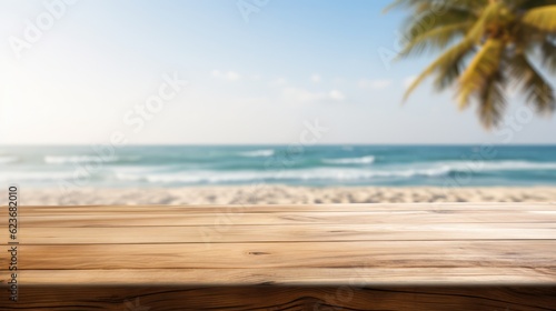 Wooden desk of free space for your decoration and summer landscape of beach. Generative Ai.