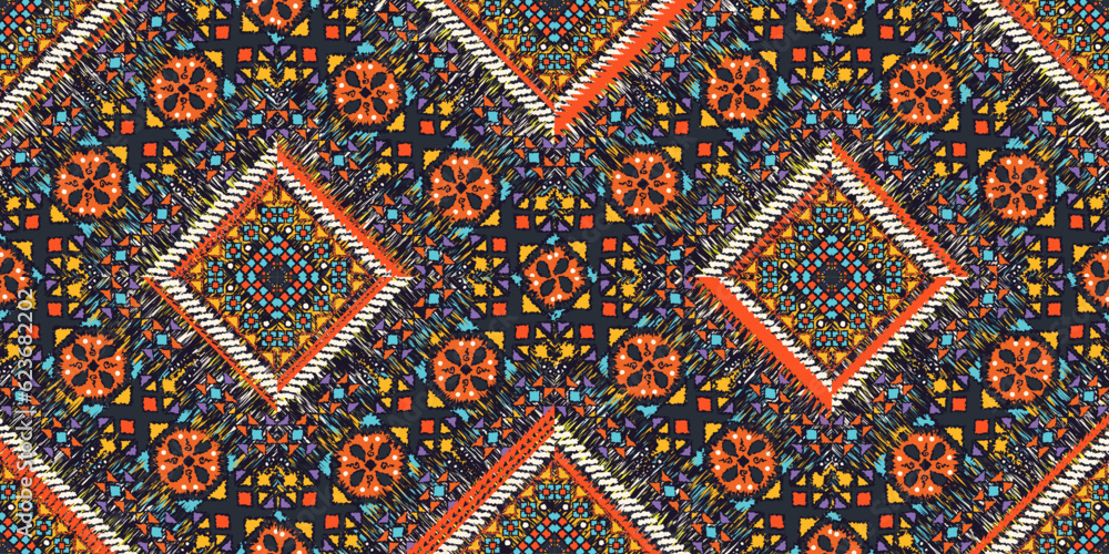 Seamless Kasuri pattern in triba,Gyp sy.Figure tribal embroidery.Indian,l.Aztec style abstract vector illustration.Ethnic stripe seamless pattern.textured ornament illustration,clothing and other. Seamless Kasuri pattern in triba,Gyp sy.Figure tribal embroidery.Indian,l.Aztec style abstract vector illustration.Ethnic stripe seamless pattern.textured ornament illustration,clothing and other.