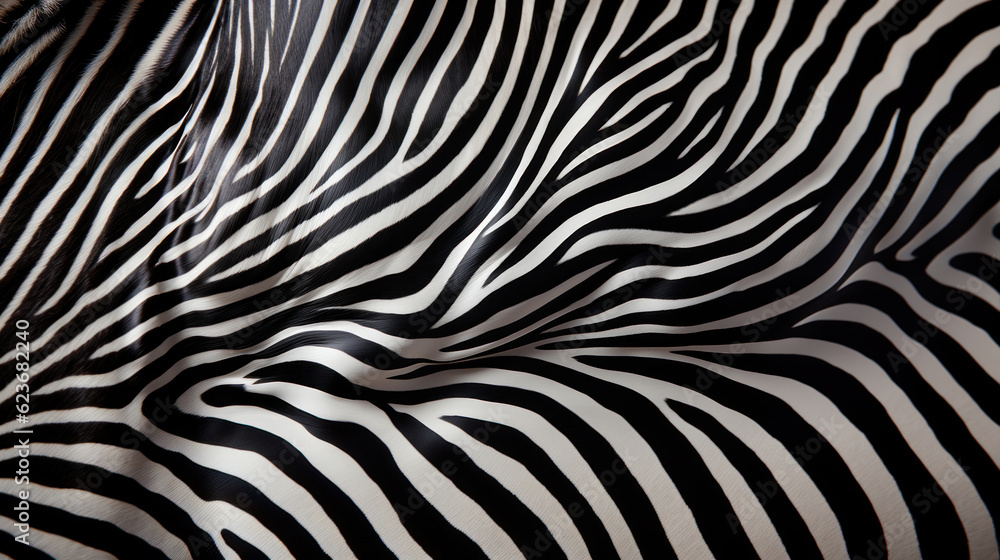 Zebra skin texture background, black and white stripes on the fabric. Generative AI.