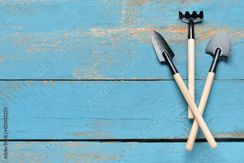 Gardening rake and shovels on blue wooden background