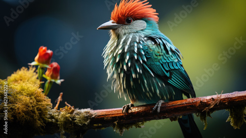 Red-headed turquoise bird in the rainforest of Costa Rica. Generative AI. photo