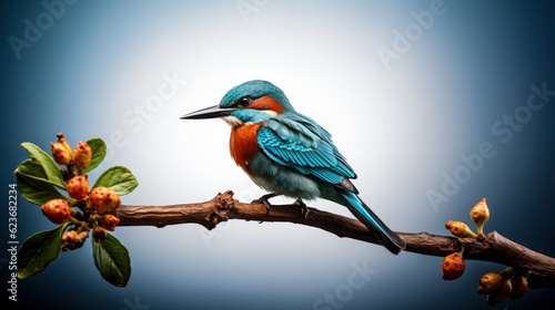 Kingfisher bird sitting on a branch with flowers and blossom. Generative AI. photo
