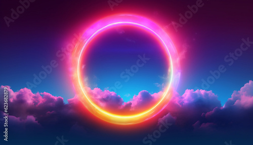 Background with neon glowing circle in the clouds for your presentation. Generative AI