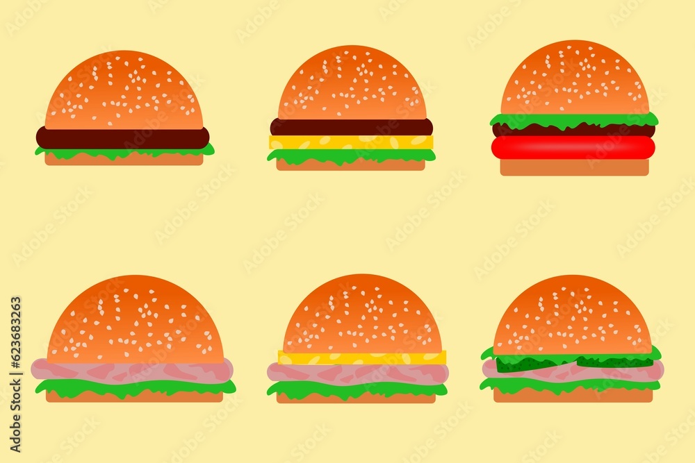Burger set. Burger vector. Fast food set: cheeseburger, hamburger Burger set. Burger vector. Fast food set: cheeseburger, hamburger