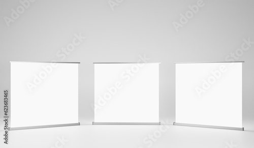Blank white exhibition stand mockup, 3D rendering isolated on grey background
