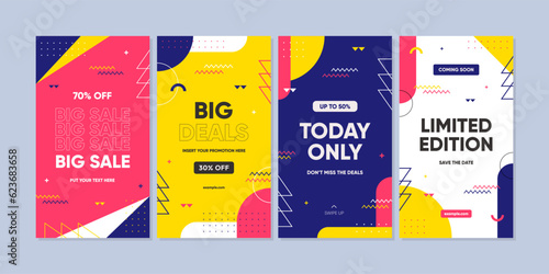 Abstract Colorful Memphis Square Background. Trendy geometric abstract square template for social media post, stories, or advertisement.