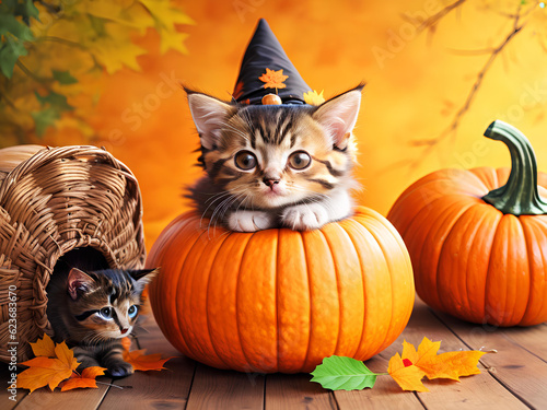 A small, pretty kitten in a witch's hat lies on a pumpkin on an autumn orange background © Vadim