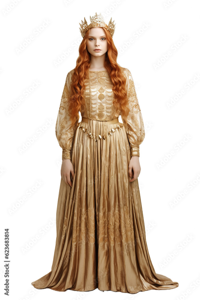 Redhead queen woman in periodical dressing dress isolated on transparent background (PNG)