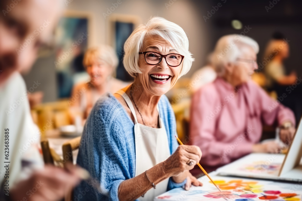 Senior lady artist enjoying painting activity in studio with her friends , Created with Generative Ai Technology Senior lady artist enjoying painting activity in studio with her friends , Created with Generative Ai Technology