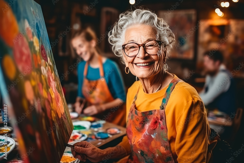 Fototapeta premium Senior lady artist enjoying painting activity in studio with her friends , Created with Generative Ai Technology