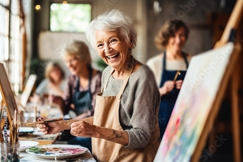 Tela Senior lady artist enjoying painting activity in studio with her friends , Creat