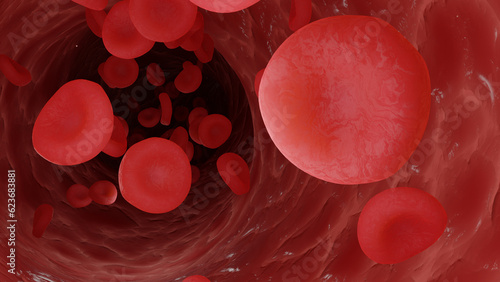 3D blood red cells flowing through vein