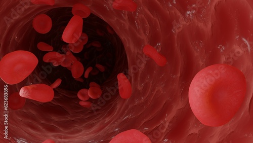 3D blood red cells flowing through vein
