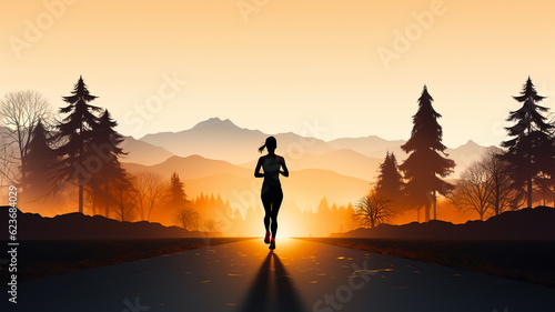 Jogger on the background of nature, morning jogging, silhouette of a person engaged in sports © HelgaQ