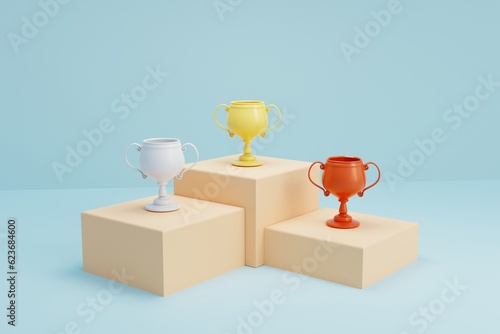 3D Winner cup on top stair, Business success concept. 3d render illustration