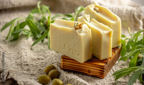 Natural Castilian olive oil soap made according to a classic recipe. Concept of organic cosmetic products photo