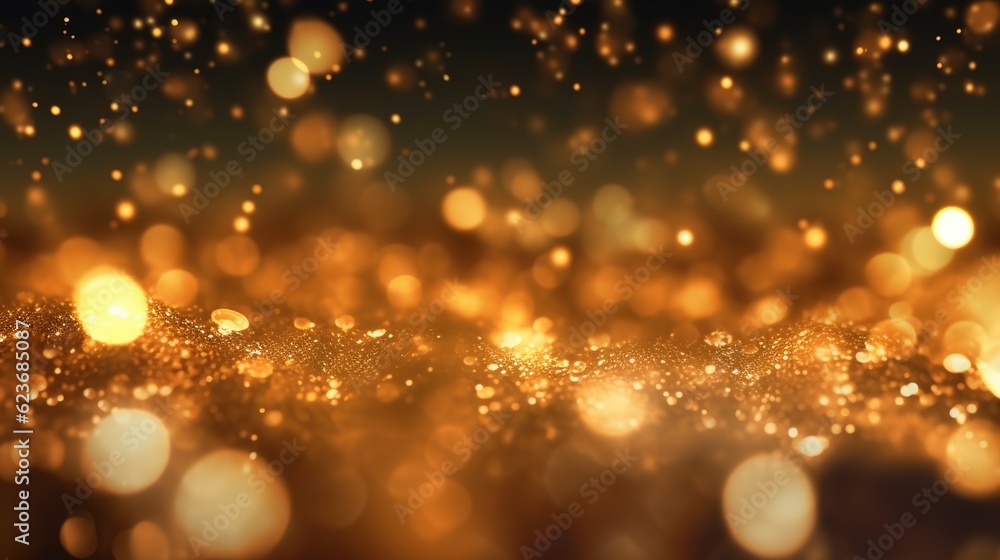 Gold abstract bokeh background. real backlit dust particles with real lens flare generative AI Gold abstract bokeh background. real backlit dust particles with real lens flare generative AI