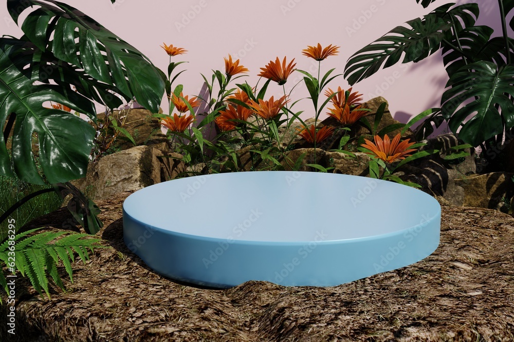 Natural podium, 3D render Mock up for exhibitions, presentation of products, relaxation and health. Natural podium, 3D render Mock up for exhibitions, presentation of products, relaxation and health.