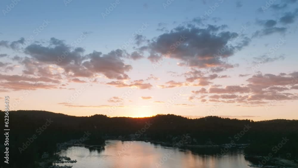 Drone flying over Lake Arrowhead in the San Bernardino Mountains at sunset, Los Angeles, California, USA. Overhead view of boats moored at lakeside. Natural background. Weekend concept, 4k footage Drone flying over Lake Arrowhead in the San Bernardino Mountains at sunset, Los Angeles, California, USA. Overhead view of boats moored at lakeside. Natural background. Weekend concept, 4k footage