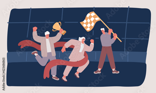 Cartoon vector illustration of Joyful office workers or clerks crossing finish line and tearing red ribbon. Concept of people taking part in professional competition, rivalry at work