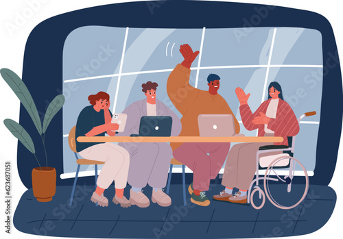 Cartoon vector illustration of Girl in wheelchair sitting at desk in talking to her friends.