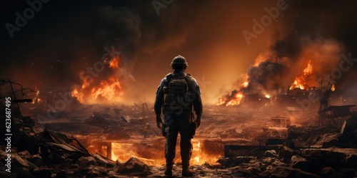 Special Forces soldiers across a war zone destroyed by bombs and smoke in the desert.