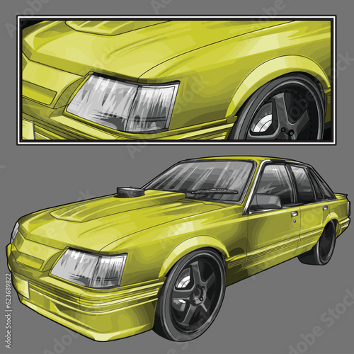 yellow drag race illustration isolated in black background for poster, t-shirt, graphic design, business element, and card