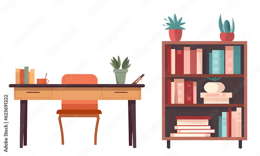 Bookshelf and desk illustrations. generative ai Bookshelf and desk illustrations. generative ai