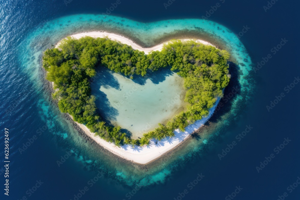 Fototapeta premium Tropical island in the shape of heart. Aerial view. 3D illustration. Generative Ai.