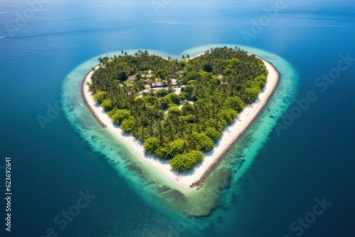 Tropical island in the shape of heart. Aerial view. 3D illustration. Generative Ai.