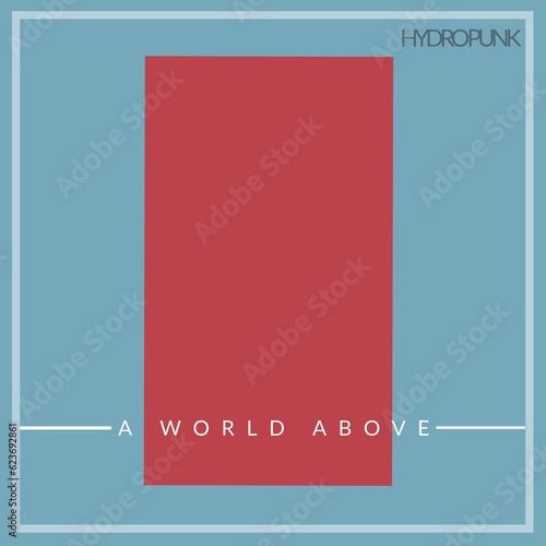 Hydropunk, a world above text and grey frame over red rectangle on blue