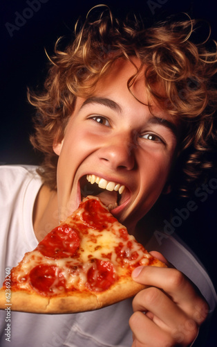 Joyful and smiling teen boy eats a tasty slice of pizza