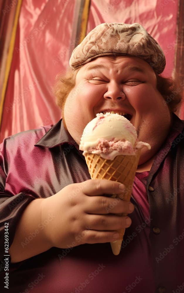 A fat, ruddy man greedily eats an ice cream cone


