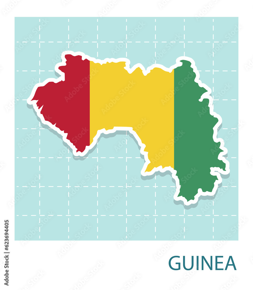 Stickers of Guinea map with flag pattern in frame.