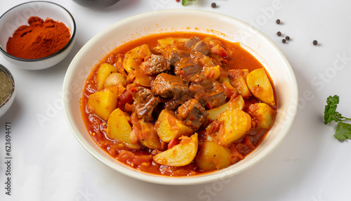 Potatoes stewed with meat, in tomato sauce, with spices and herbs, no people, on a white table,