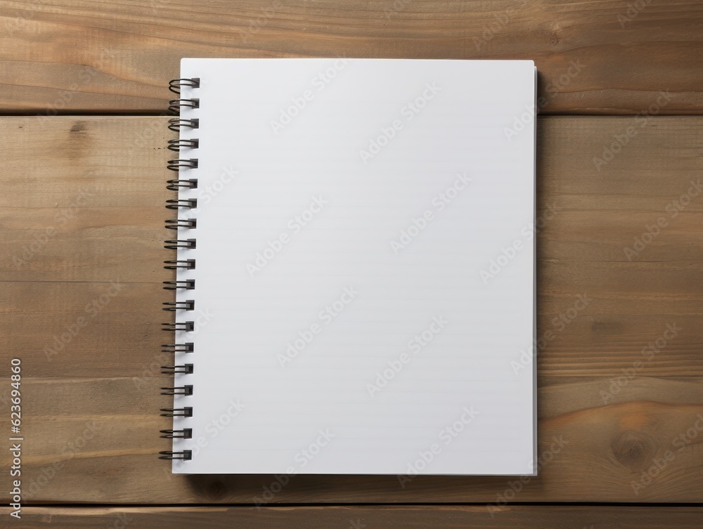 Top view of open spiral blank notebook on wood desk background. Generative Ai. Top view of open spiral blank notebook on wood desk background. Generative Ai.