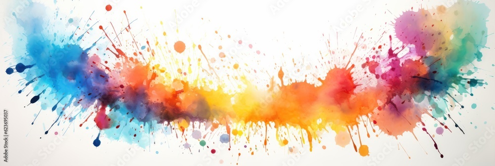 Abstract colorful splashes background on a textured white watercolor paper, Generative AI.