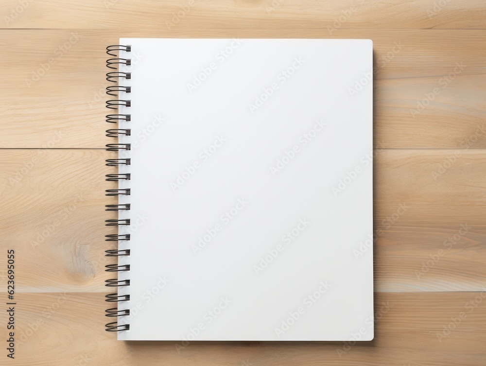 Top view of open spiral blank notebook on wood desk background. Generative Ai. Top view of open spiral blank notebook on wood desk background. Generative Ai.