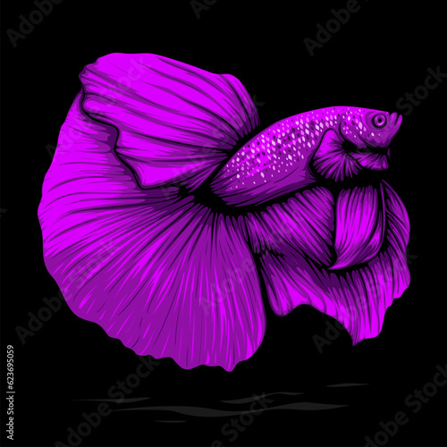 Vector illustration of half moon betta fish with full body purple scales isolated on black background, suitable for your icon, logo, or poster design
