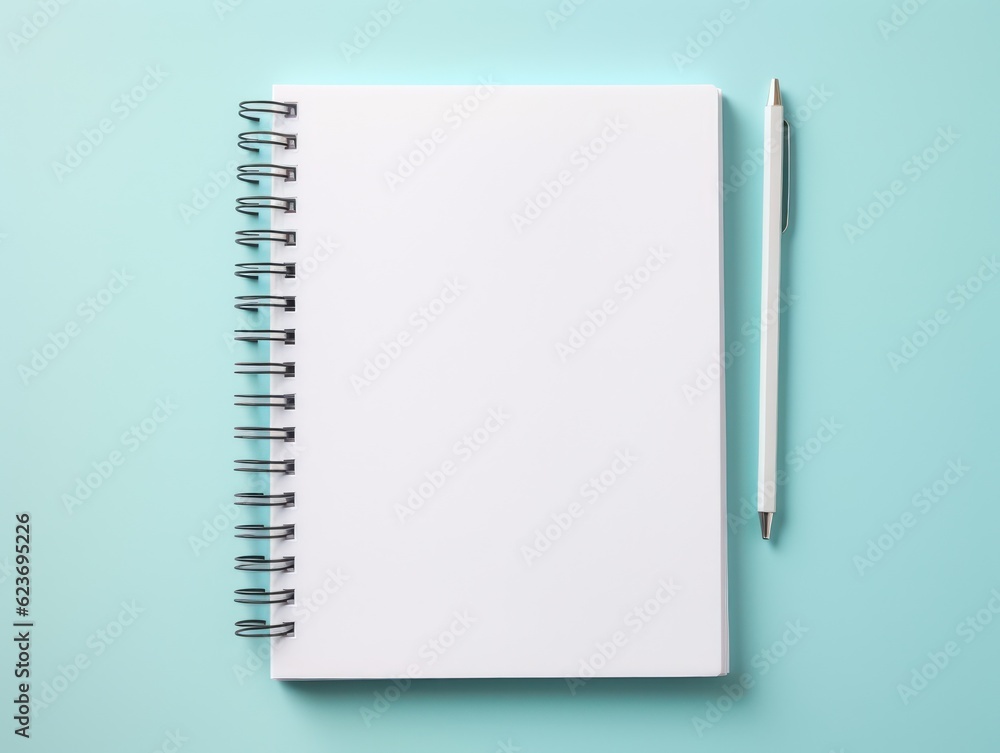 Top view of open spiral blank notebook on wood desk background. Generative Ai. Top view of open spiral blank notebook on wood desk background. Generative Ai.
