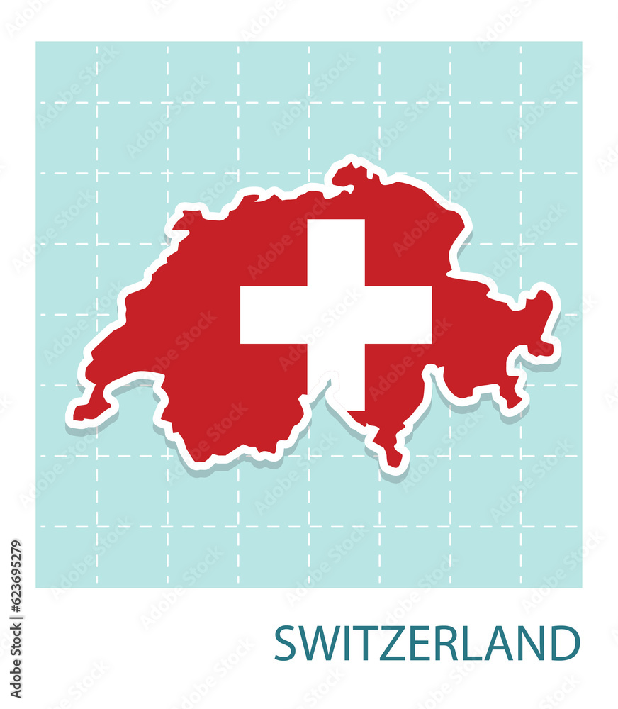 Stickers of Switzerland map with flag pattern in frame.