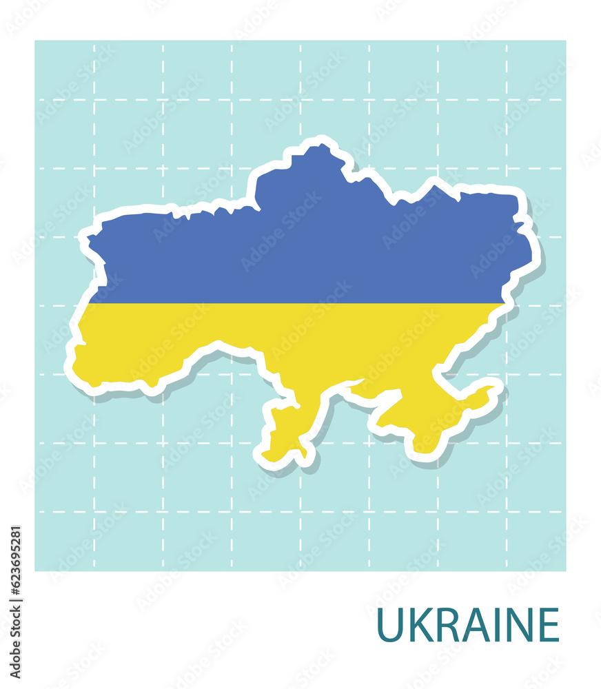 Stickers of Ukraine map with flag pattern in frame.