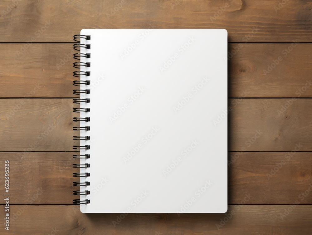 Top view of open spiral blank notebook on wood desk background. Generative Ai. Top view of open spiral blank notebook on wood desk background. Generative Ai.