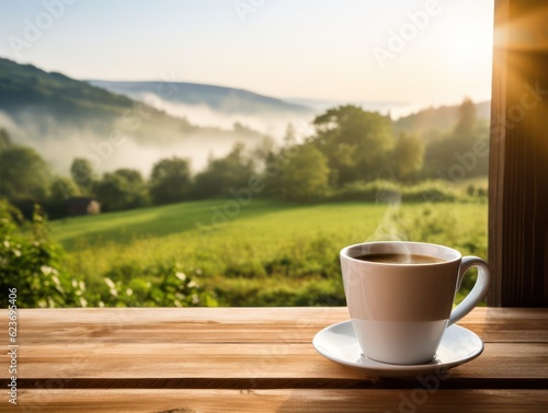 A cup of coffee on wooden table beside natural green grass field in the morning sunrise. Generative Ai.