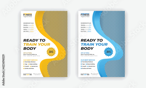 Modern Fitness Gym Flyer and Poster Template or Fitness workout leaflet Design or Professional Fitness Gym layout with yellow and blue color