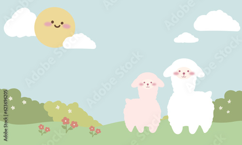 Cute alpaca Vector Illustration: Vector Cartoon of a cute alpaca with a sky and sun