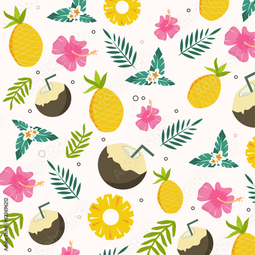 Bright cartoon seamless pattern in tropical style.Seamless summer pattern with pineapple, coconut, flowers and tropical leafs